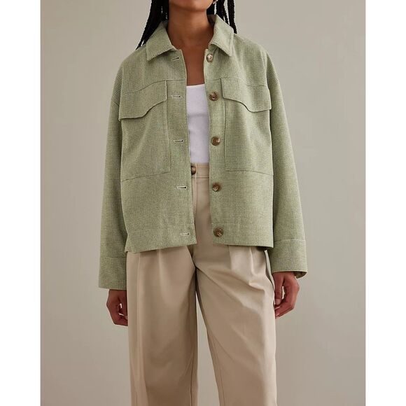 Maeve by Anthropologie Womens XL Green Houndstooth Tweed Trucker Jacket Shacket - Picture 1 of 7